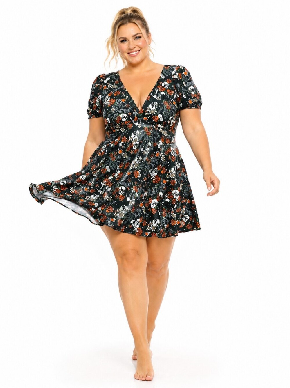 Torrid 1X Skull Rose Print Swim Dress NWT Rare Puff Sleeve